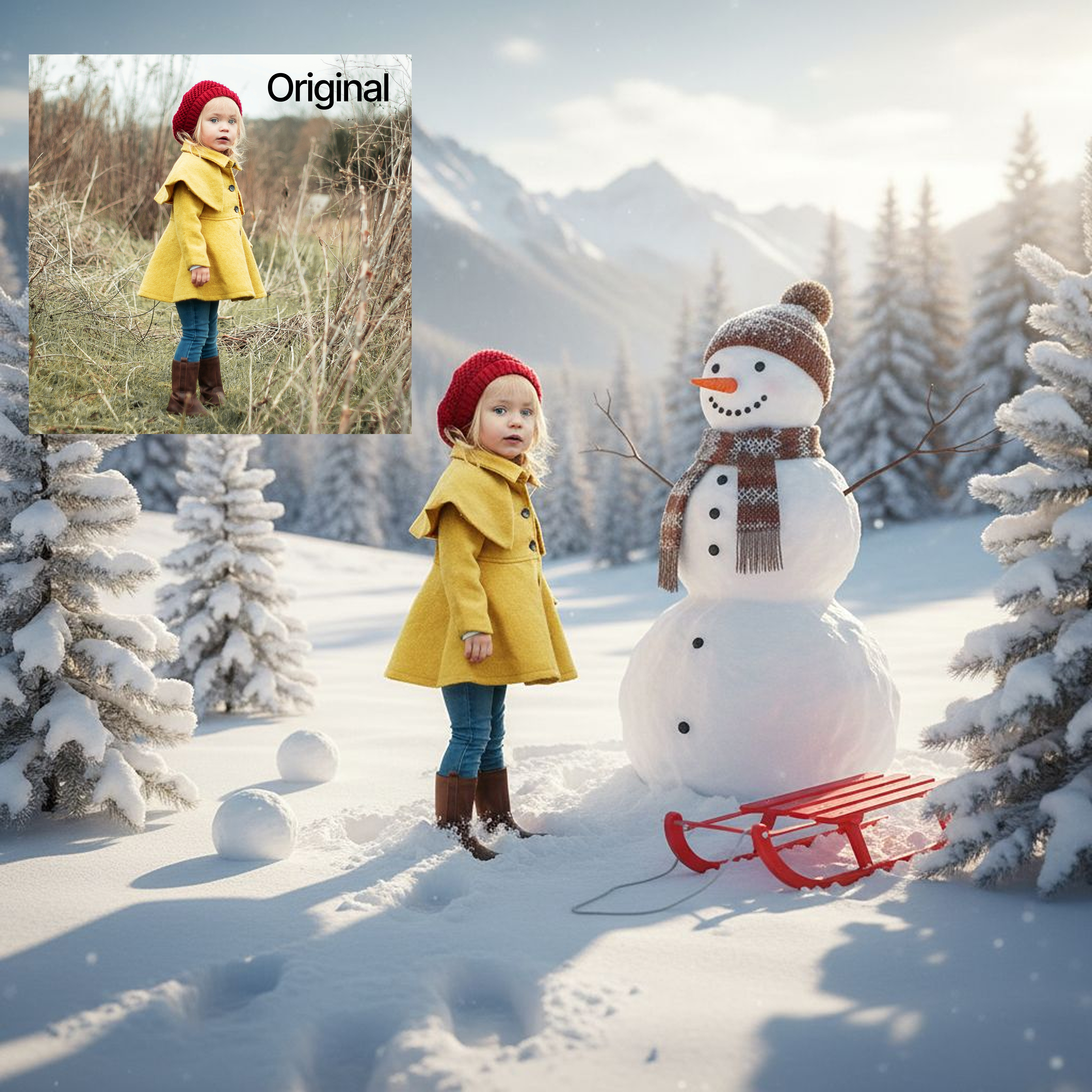 Example AI-generated Christmas scene with a child in a festive setting