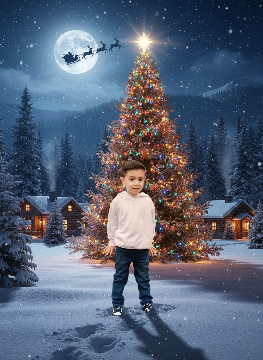 AI-generated Christmas scene with the boy in front of a snowy Christmas tree