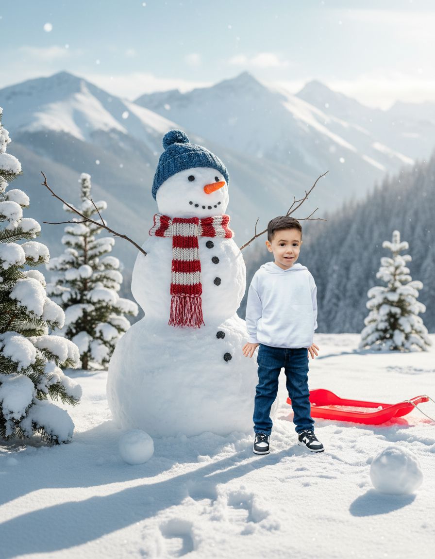 AI-generated snowy mountain scene with the boy standing beside a snowman