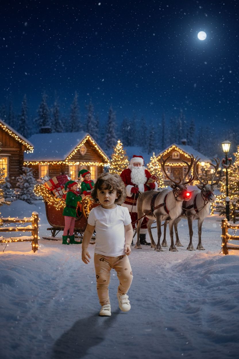 AI-generated snowy Christmas village scene with the toddler in front of Santa and reindeer