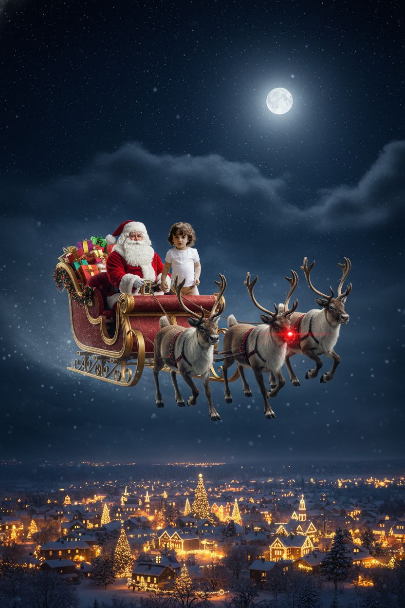 AI-generated Christmas sleigh scene featuring the toddler with Santa