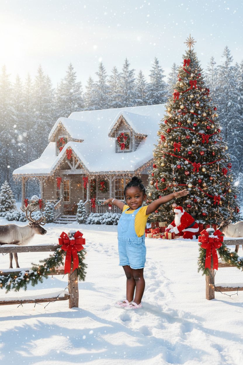 AI-generated Christmas village scene with the girl in front of a cabin