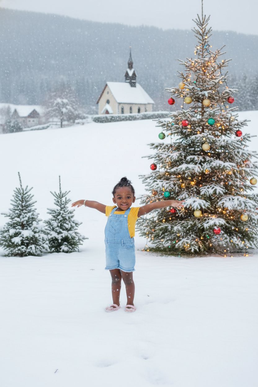 AI-generated Christmas scene with the girl in a snowy landscape