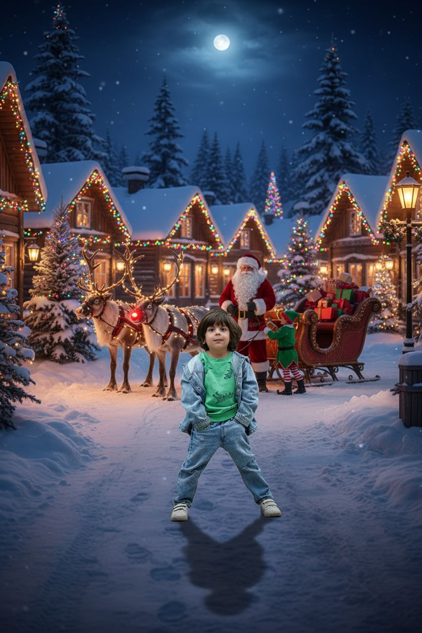 AI-generated Christmas village scene with the boy and Santa