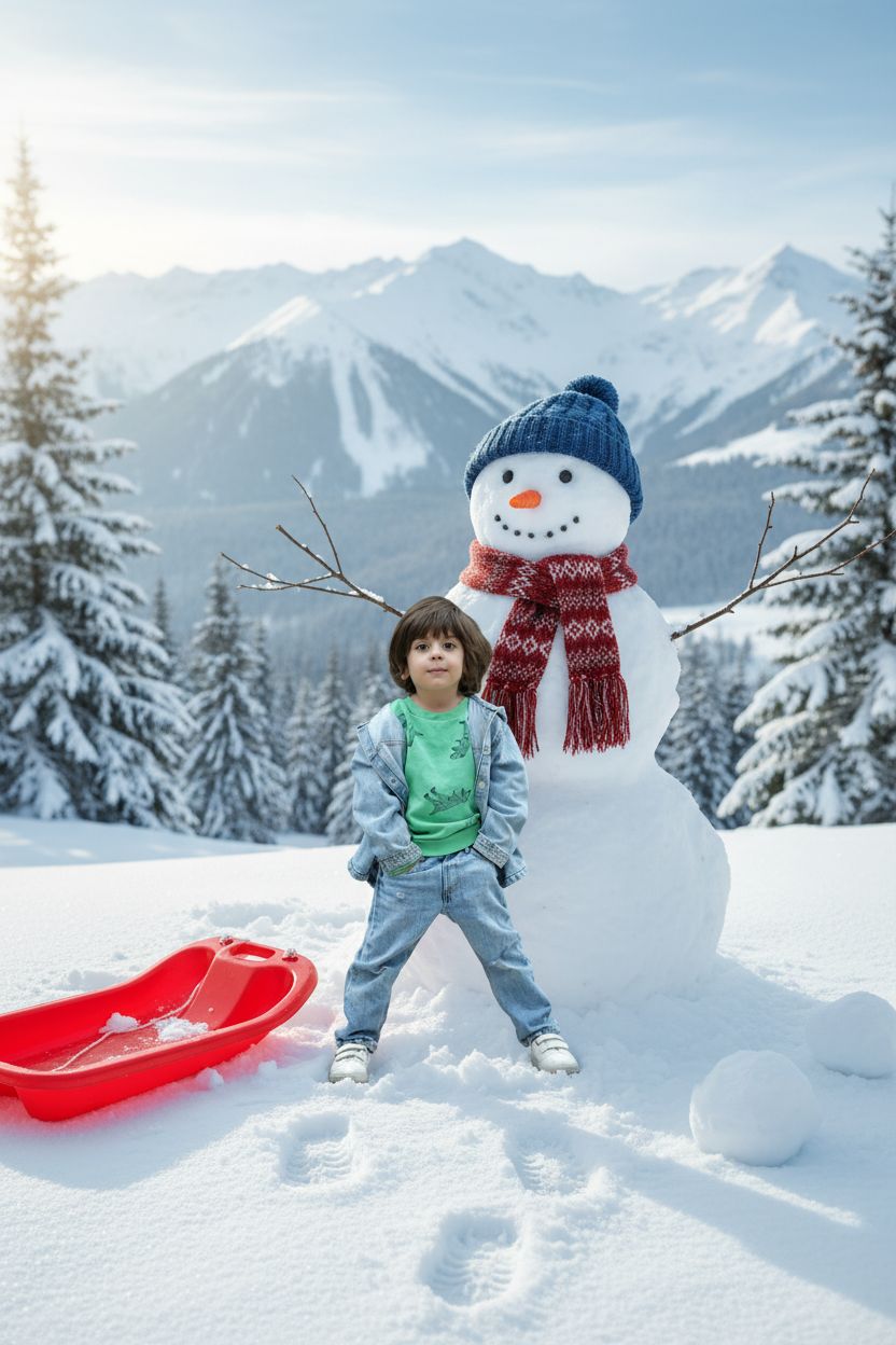 AI-generated Christmas snowman scene with the boy