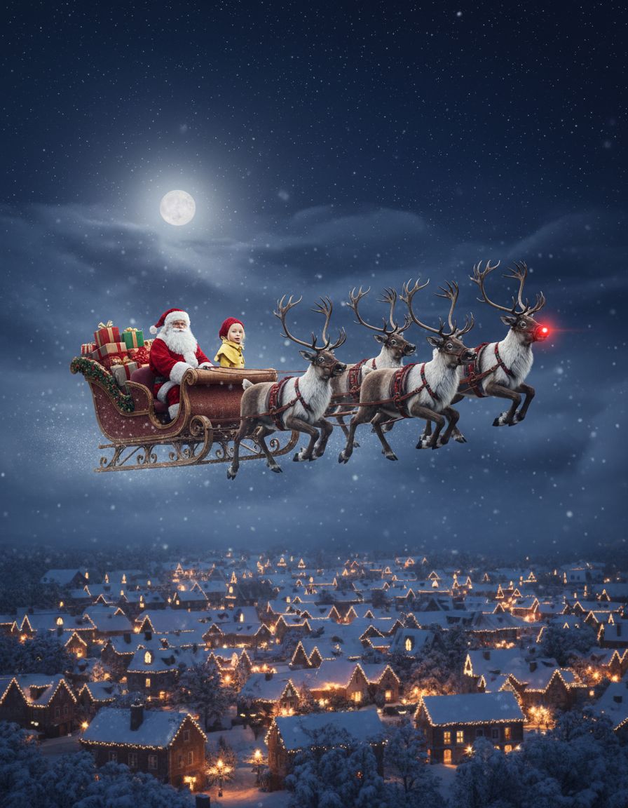 AI-generated snowy sleigh scene with the girl in a yellow coat