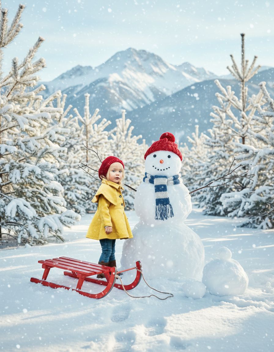 AI-generated Christmas scene with the girl in a yellow coat building a snowman